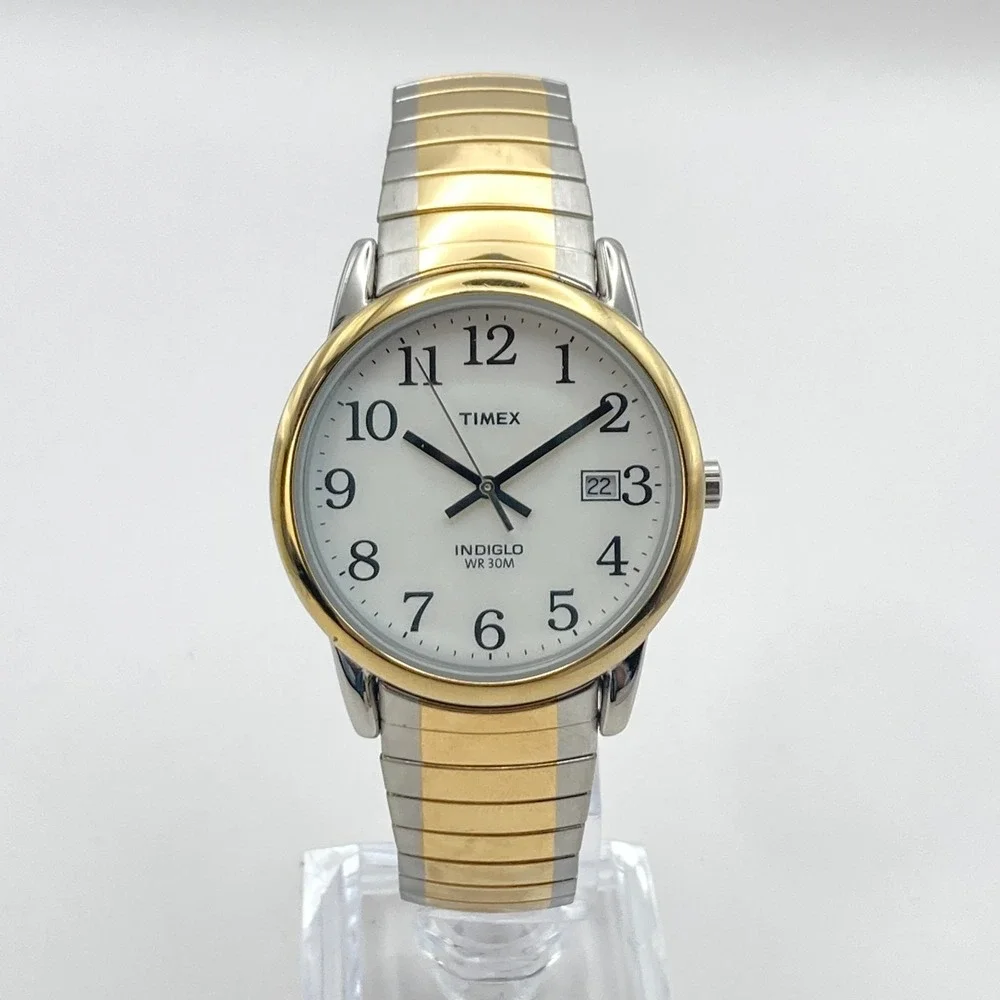 Timex Easy Reader Men's Watch 35mm Silver Gold Tone Indiglo Stretch New Battery